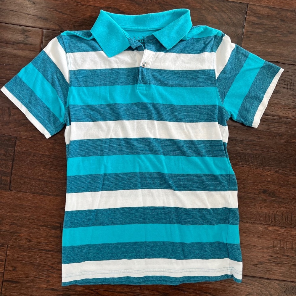 Basic Editions Short Sleeve Teal and White Striped Polo Shirt Size XL (14-16)